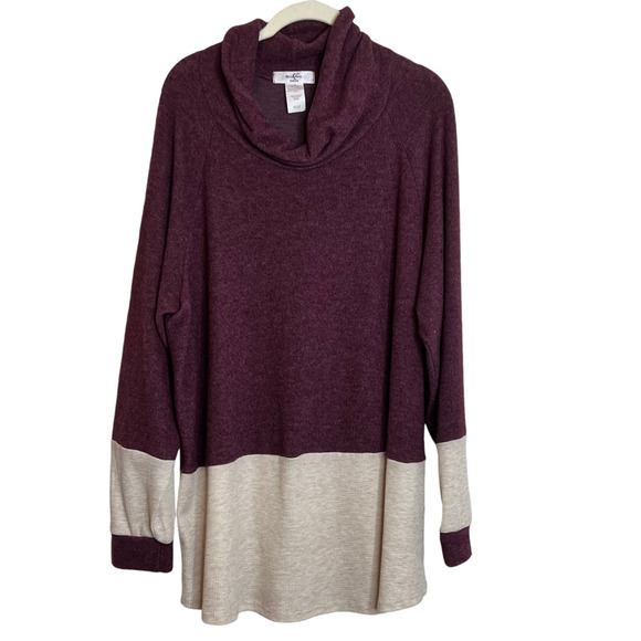 MoaMoa Womens Cowl Neck Pullover Knit Top Size 1X Plum Oatmeal Color Block NEW - Picture 1 of 6